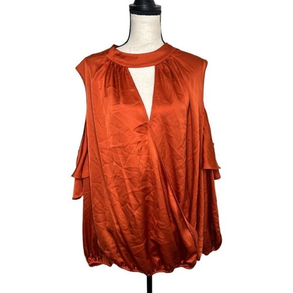 BISOU BISOU Burnt Orange Cold Shoulder Long Sleeve Blouse. Size 3X NWT - Picture 1 of 8